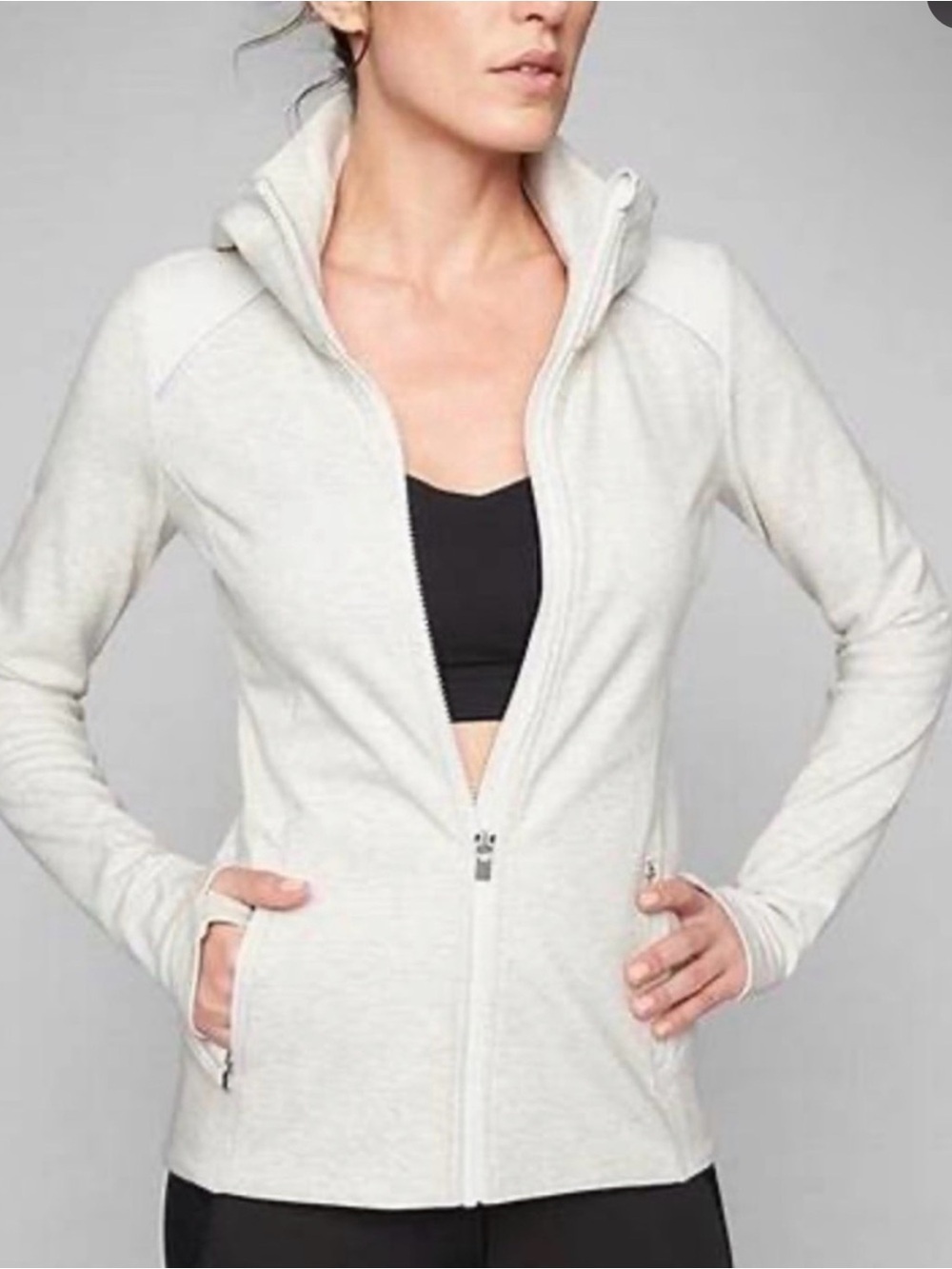 Athleta Cream and Light Gray Sherpa-Lined Hoodie ptp 17 length 23 excellent cond